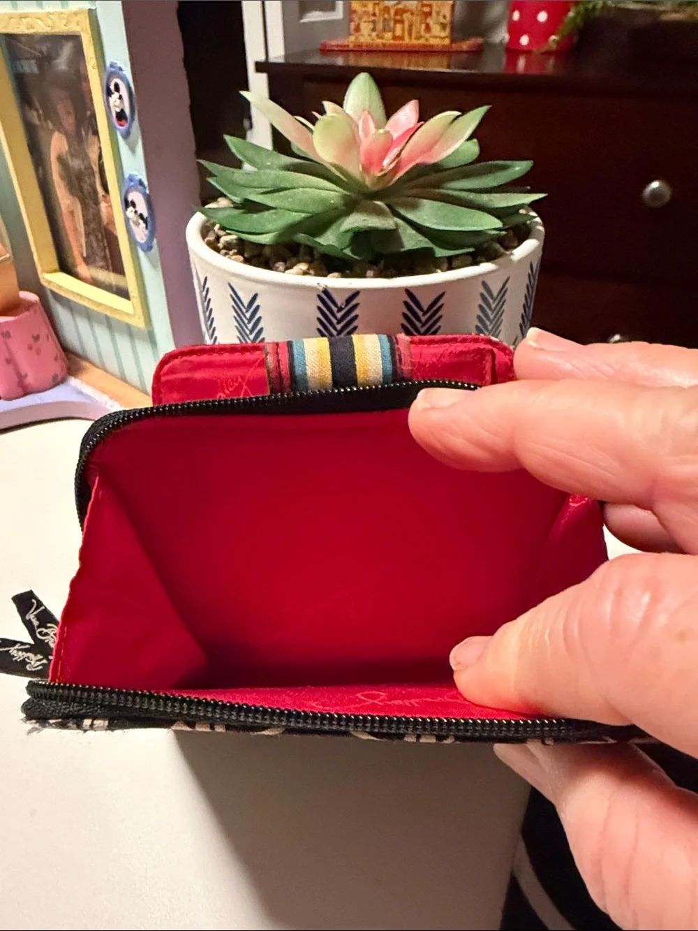 Vera Bradley Black & Cream Floral Zip Wallet with Multicolor Stripe Tab